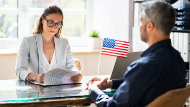 Person at a US visa interview.