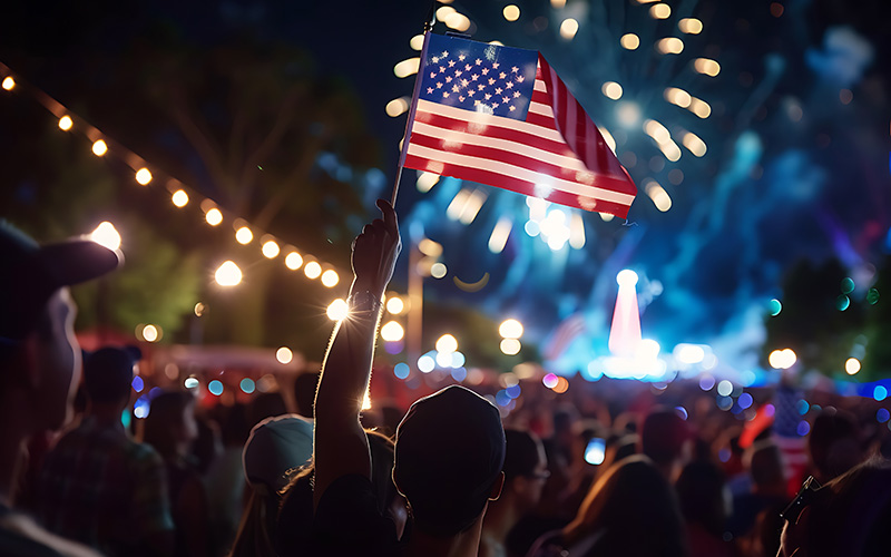 USA flag waving at a festive event in May, celebrating national holidays and festivals.