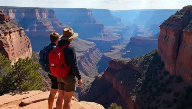 Tourist at the Grand Canyon, Arizona, enjoying sunny weather in May, USA.