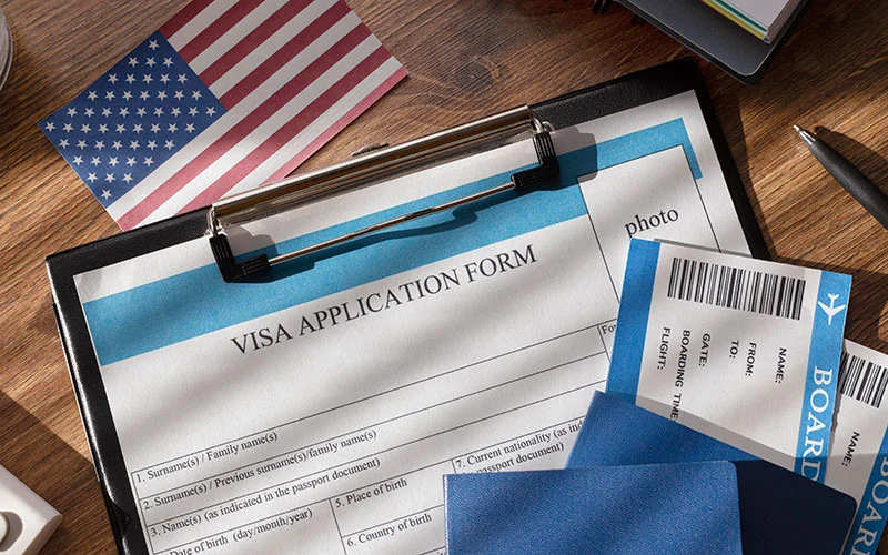 Visa application composition with american flag