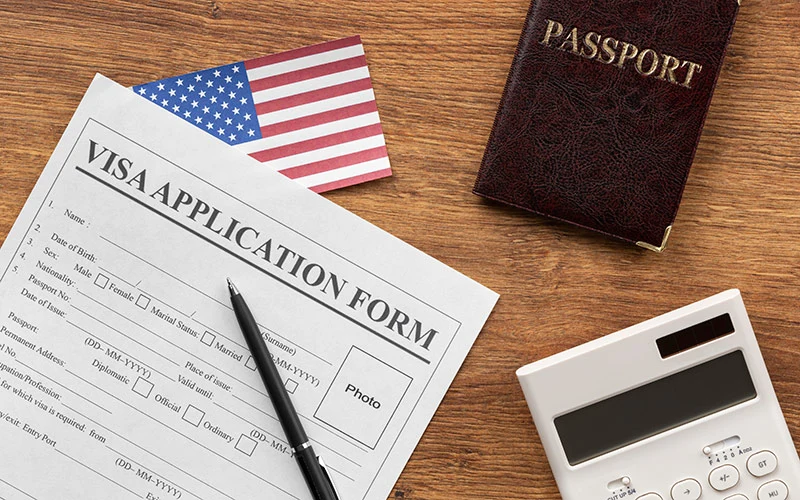 Visa application composition with american flag 