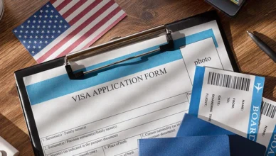 Visa application composition with american flag