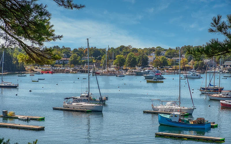 Calm waters with boats in Bar Harbor.