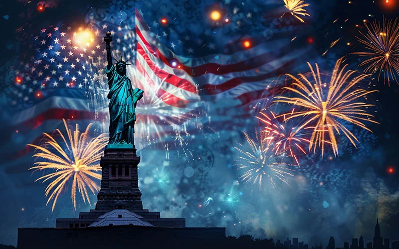American flag banner with the Statue of Liberty in the background.