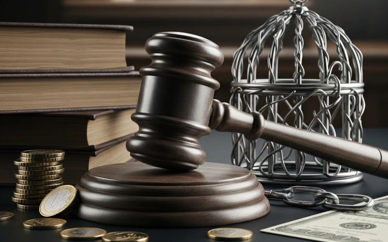 Gavel with coins and cage symbolizing legal penalty