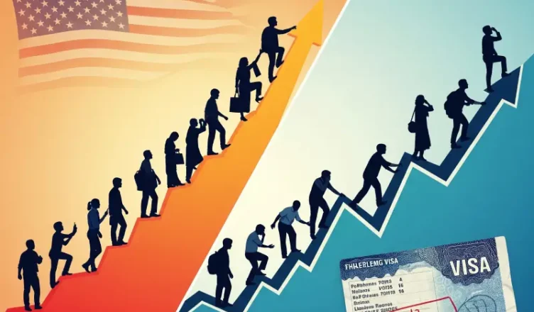 A group of professionals climbing contrasting graphs with a US flag and a visa