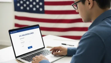 A man using a laptop to check his visa status with an American flag in the background.