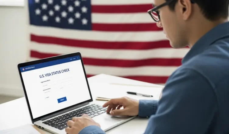 A man using a laptop to check his visa status with an American flag in the background.