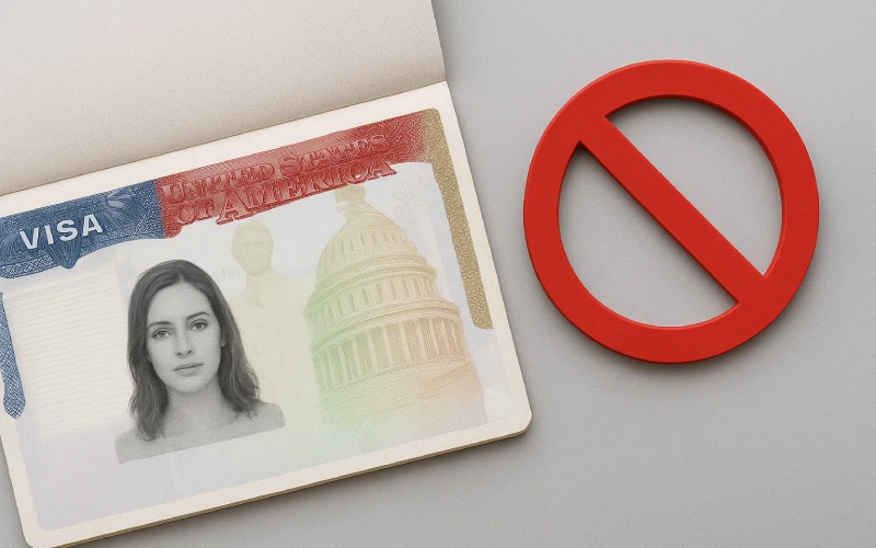 US visa in passport with red prohibition symbol