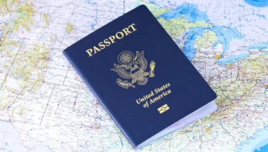 US passport on a map of the United States