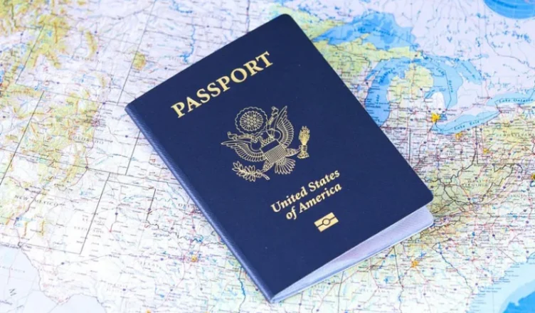 US passport on a map of the United States