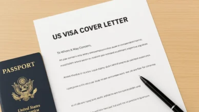 US visa cover letter with pen and passport