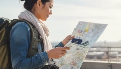 Traveler reading map on city trip