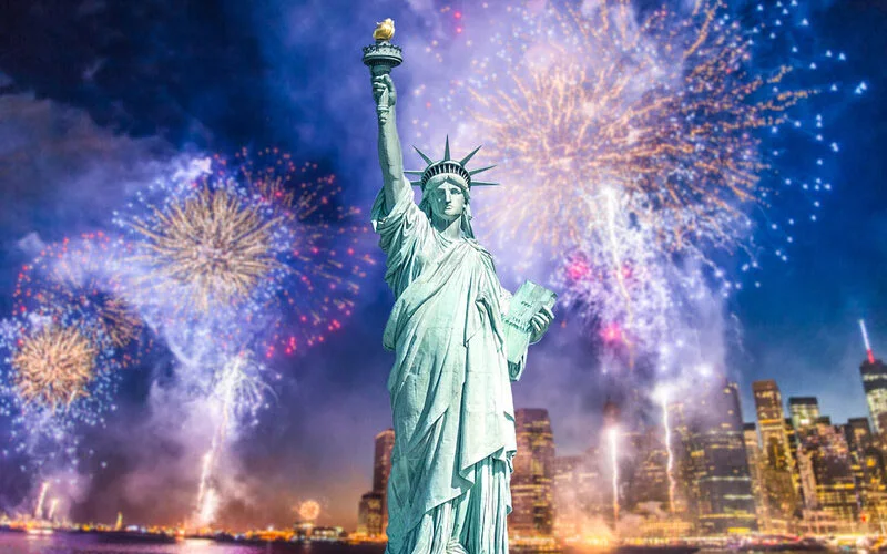 Statue of Liberty with fireworks display